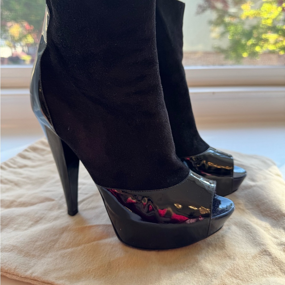 Sergio Rossi Chocolate Patent/Suede Combo Peep-toe Ankle Bootie (made in Italy)